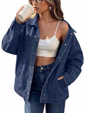 Women's Dark Blue Oversized Jean Jacket Button Down Denim Casual Shacket Pocket